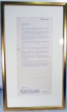 Item #20353 Frank Lloyd Wright ALS matted and framed to Lewis Mumford [61 x 37 cm.]; Discusses...
