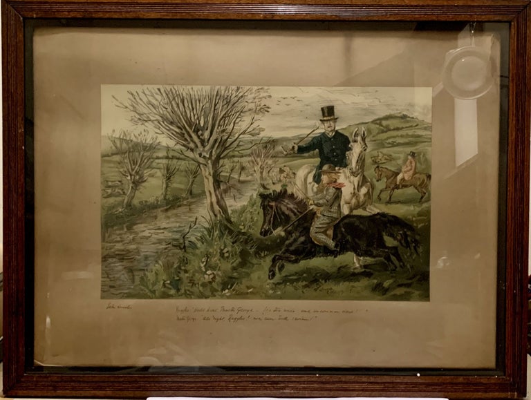 Item #22488 Hand Colored Proof Engraving Depicting Hunting Scene; Wood framed glass portrait with hooks suitable for hanging. John Leech.