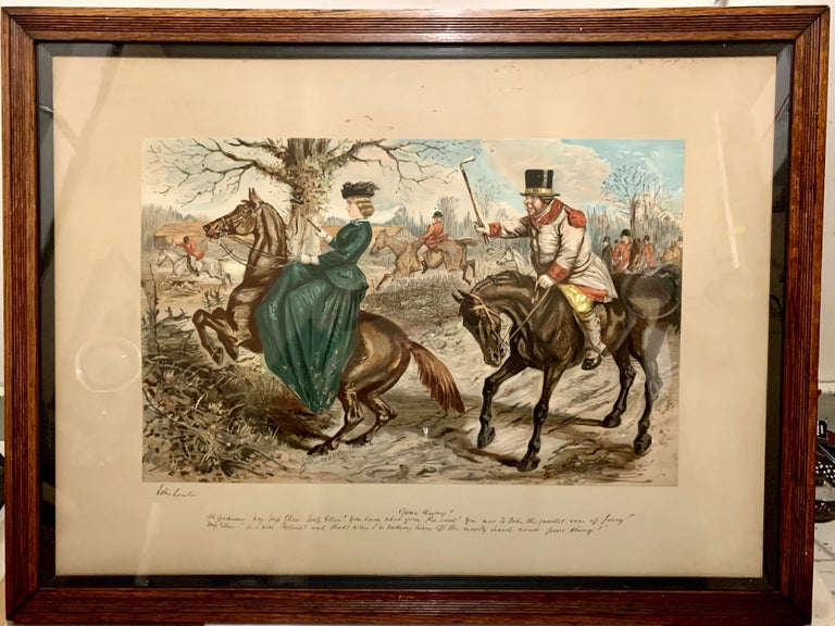 Item #22489 Hand Colored Proof Engraving Depicting Hunting Scene; Wood framed glass portrait with hooks suitable for hanging. John Leech.