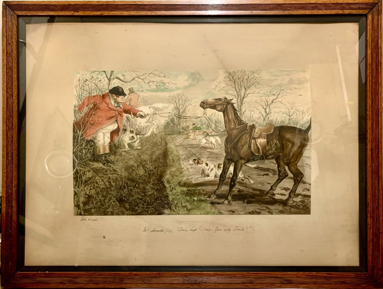 Item #22490 Hand Colored Proof Engraving Depicting Hunting Scene; Wood framed glass portrait with hooks suitable for hanging. John Leech.
