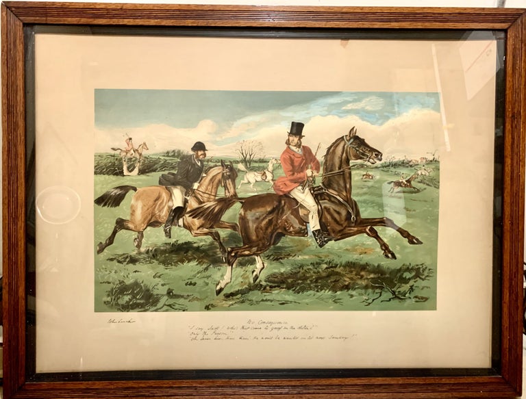 Item #22491 Hand Colored Proof Engraving Depicting Hunting Scene; Wood framed glass portrait with hooks suitable for hanging. John Leech.